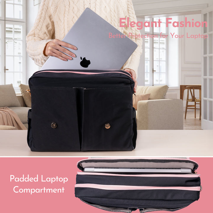 YORAMY Executive Laptop Tote for Women – 15.6" Black with Rose Gold Hardware - Yoramy