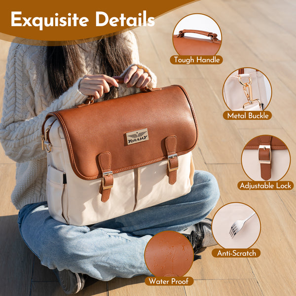 YORAMY Vintage Beige Laptop Tote for Women – 15.6" Canvas with Brown Trim - Yoramy