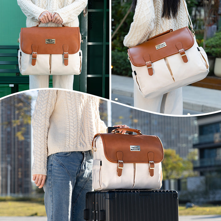 YORAMY Vintage Beige Laptop Tote for Women – 15.6" Canvas with Brown Trim - Yoramy