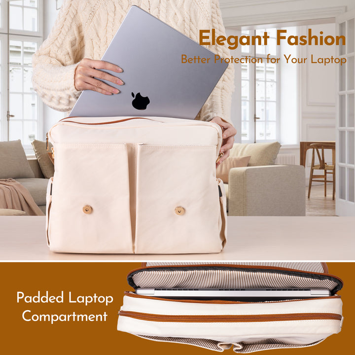 YORAMY Vintage Beige Laptop Tote for Women – 15.6" Canvas with Brown Trim - Yoramy