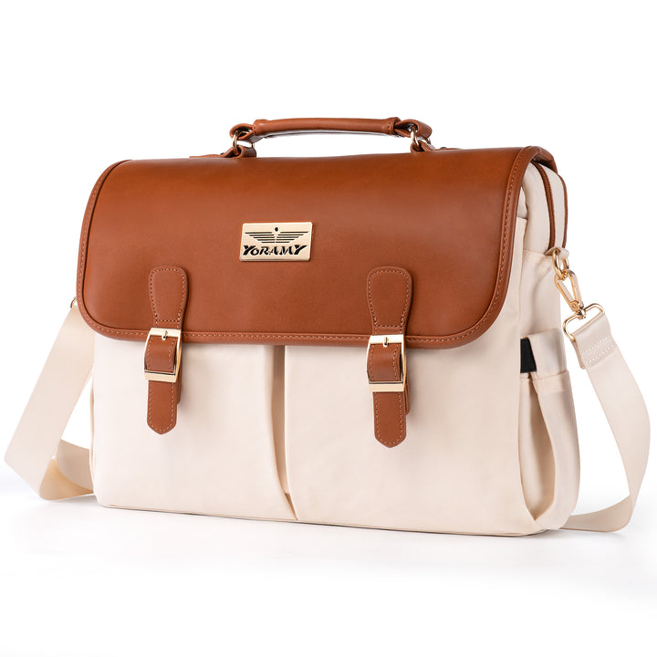 YORAMY Vintage Beige Laptop Tote for Women – 15.6" Canvas with Brown Trim - Yoramy