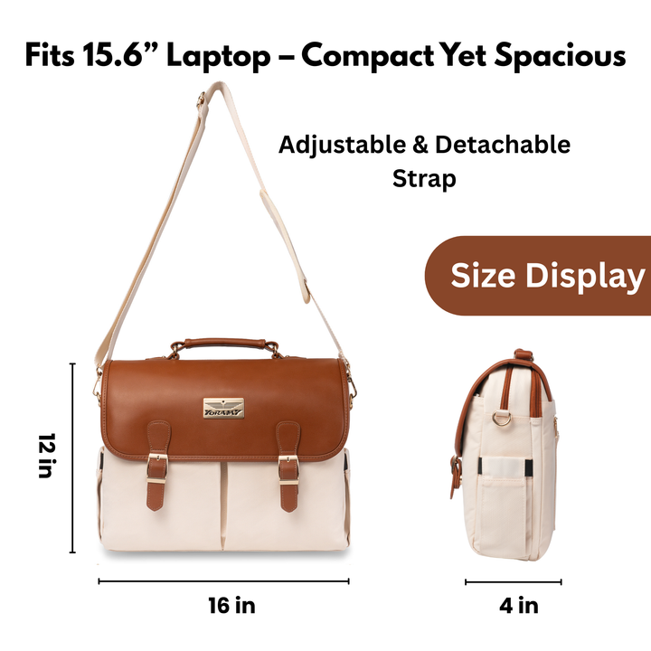 YORAMY Vintage Beige Laptop Tote for Women – 15.6" Canvas with Brown Trim - Yoramy